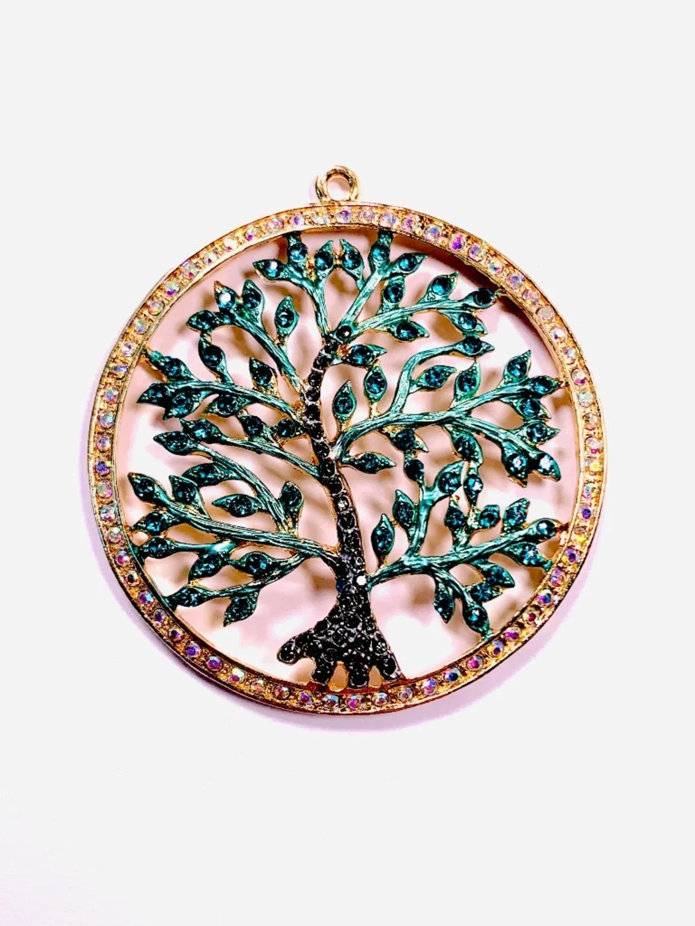 Tree of Life Circular Ornament Pendant Green/Gold Tone Rhinestone Christmas Boho